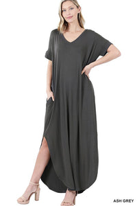 Zenana Viscose Fabric V-Neck Short Sleeve Maxi Dress