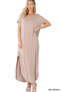 Zenana Viscose Fabric V-Neck Short Sleeve Maxi Dress